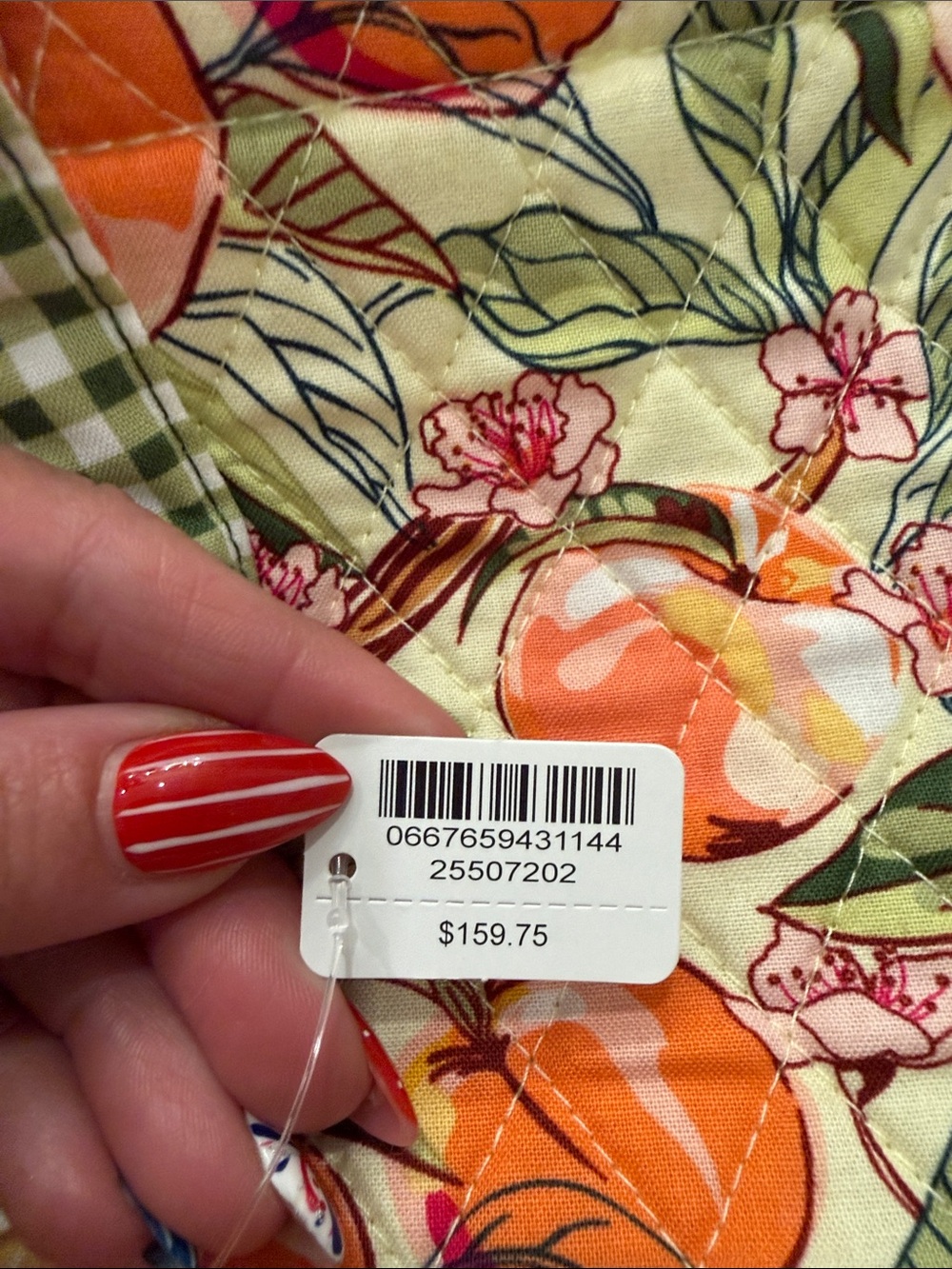 Vera Bradley Orange Peach Print Tote with Green Gingham Trim - Picture 2 of 5